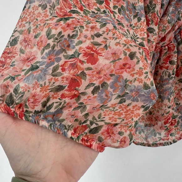 American Eagle Floral Ruched Blouse Womens XL Pink Chiffon Coquette Feminine - Picture 8 of 12